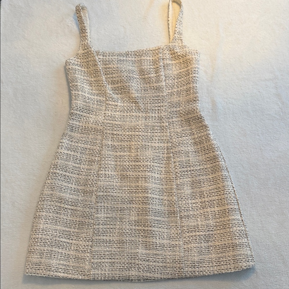 STAUD Cream and Black Tweed Mini Dress with Slim Straps